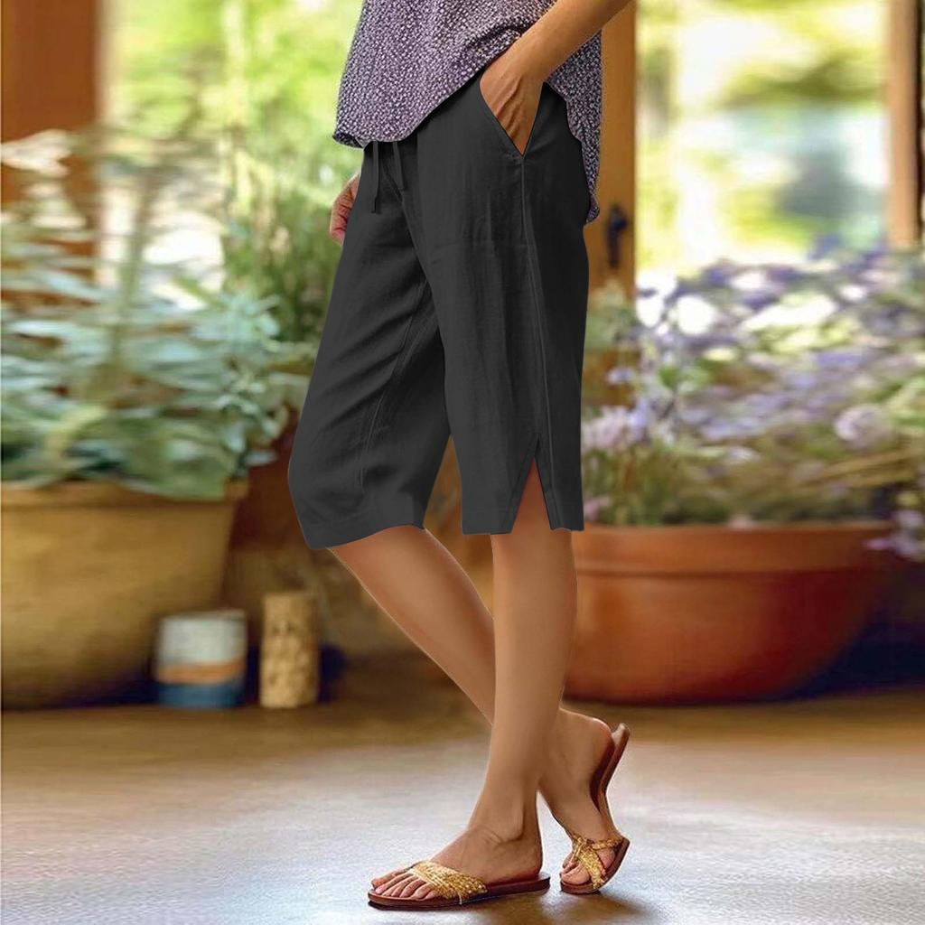 Women's Summer High Waist Cotton And Linen Loose Hem Split Cropped Trousers