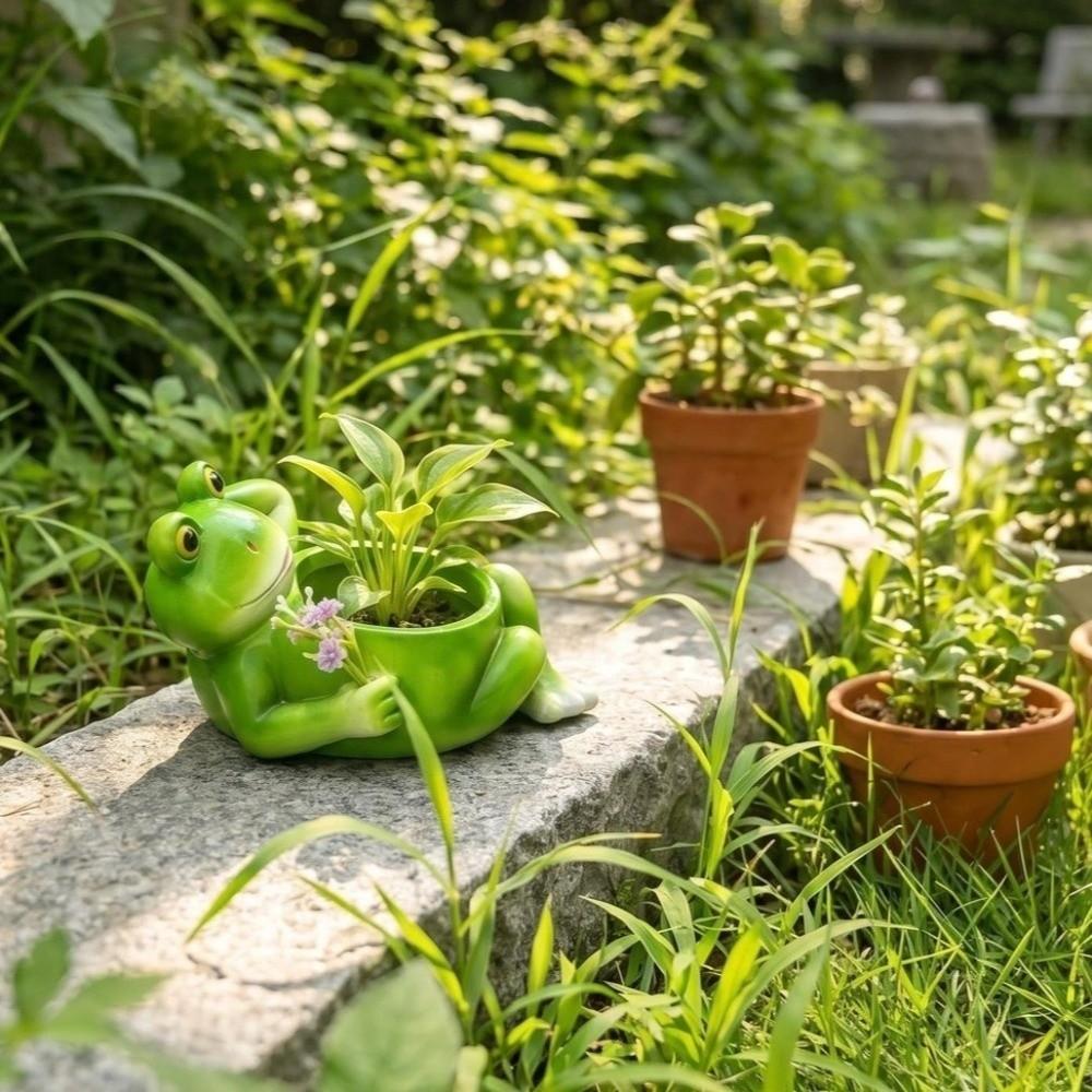 Flower Planter Resin Frog Flower Pot Cartoon with Drainage Hole Plant Holder Decorative Flower Container Tabletop