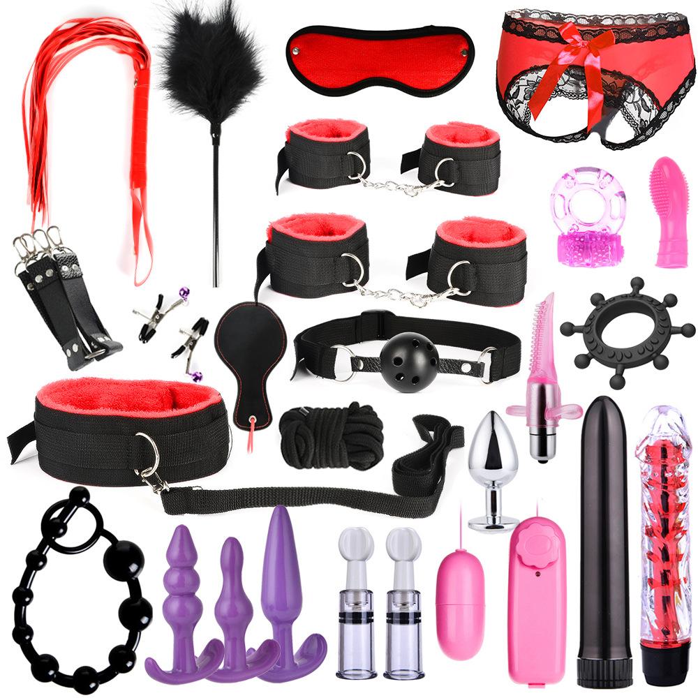 New 28 Pcs Bdsm Kit Bondage Fetish Bdsm Nipple Clip Handcuff Mouthball Whip Blinder Collar Shackles SM Toy for Women Lovers