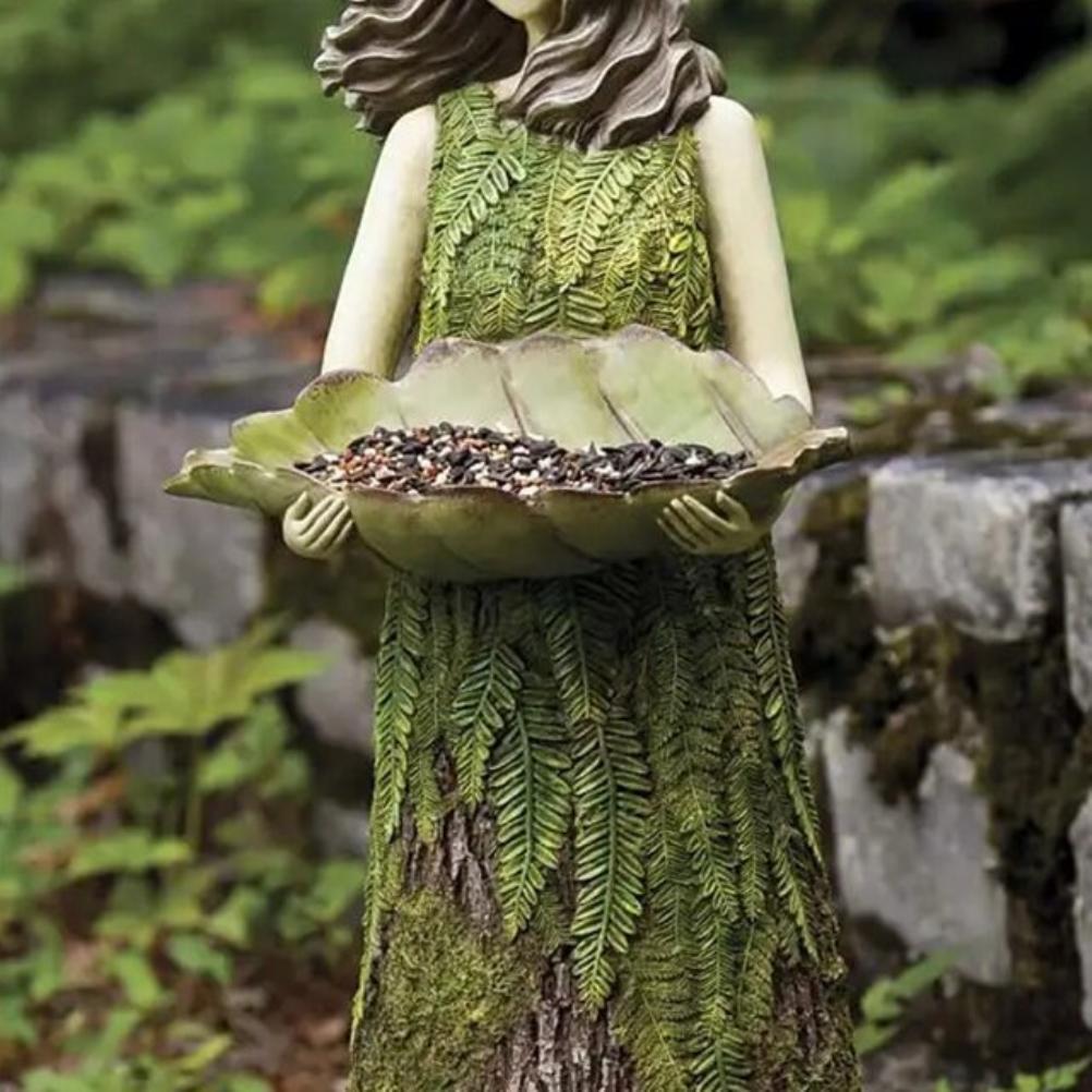 Fairy Garden Statue with Bird Feeder Lawn Resin Ornaments Garden Art Sculptures for Outdoor