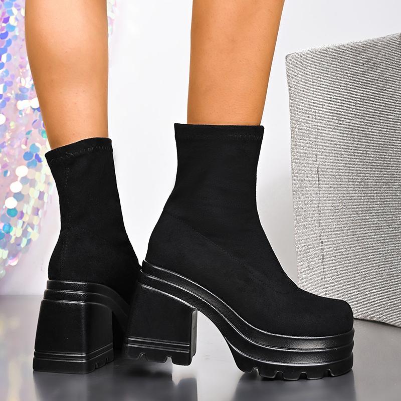 Fashion Black Chunky Platform Ankle Boots Women 2025 New Slip On Super High Heels Short Booties Woman Plus Size Punk Stretch Boots 35-42