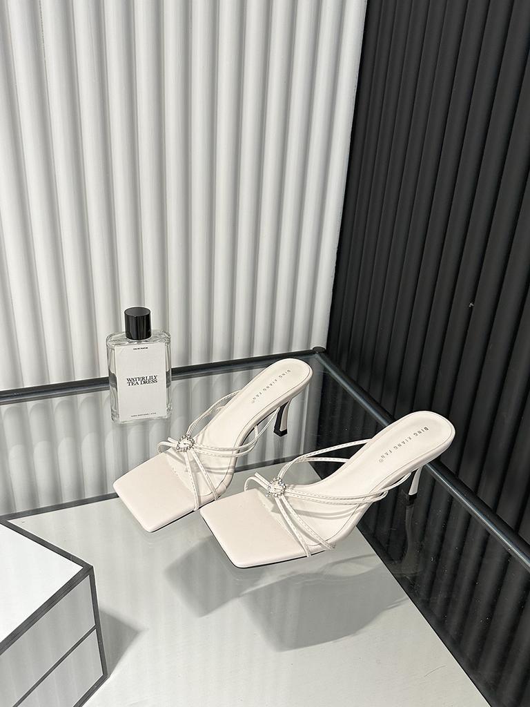 fashion Open Toe Women Slides Slippers Summer Outside Mules Shoes Thin High Heels Rhinestone Crystal Dress Shoes Stiletto Party Pumps