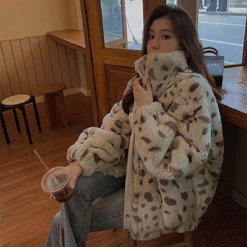 Imitation Rex Rabbit Leopard Print Imitation Fur Jacket Women's Lapel Plush Short Winter Thickened Gentle Wind Lamb Fleece Top