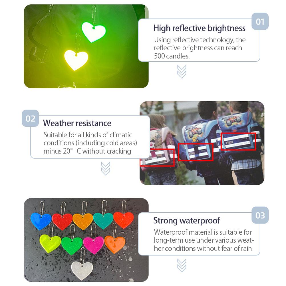 12pcs Mix Color Safety Reflector Pendant Love Heart Safety Reflector Kids Reflector Pendant for