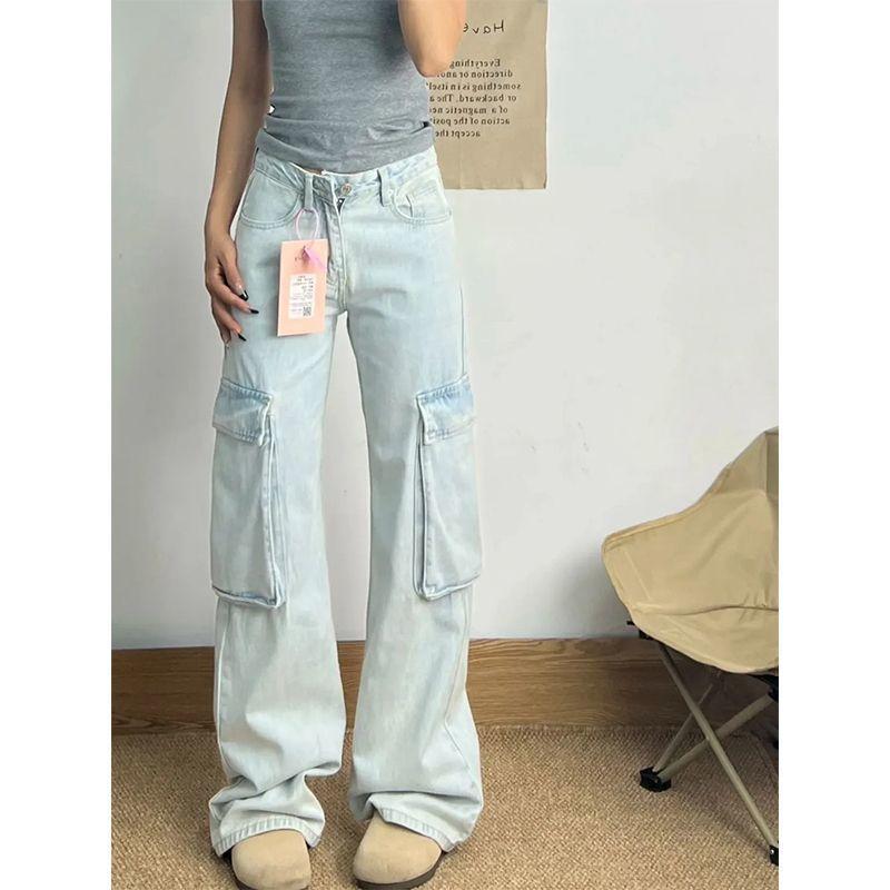 

Джинсы карго широкие штанины светлого цвета в стиле колледжа женские зимние новые с высокой посадкой свободные и стройнящие прямые брюки в пол XL синий