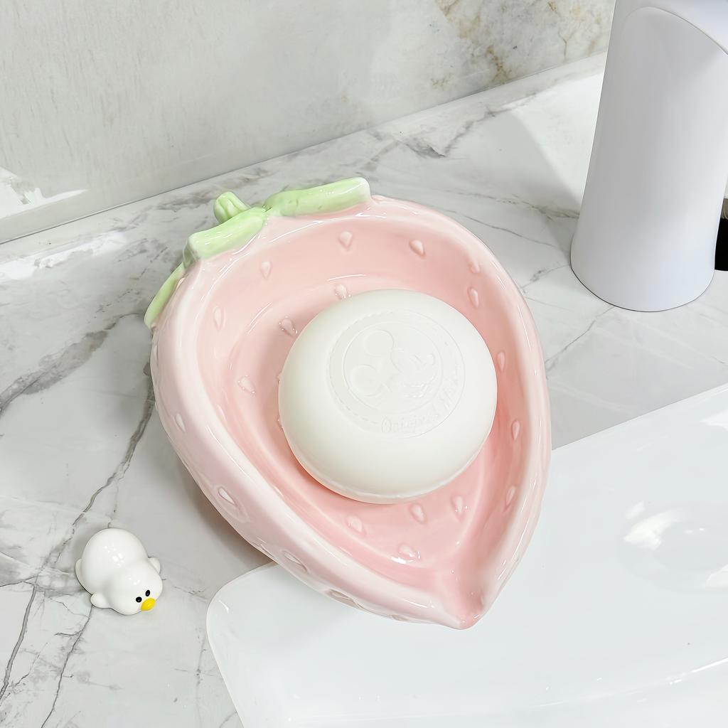 Cartoon Kreative Erdbeer Seifenschale Haushalt Toilette Waschbecken Keramik Nicht Perforiert Seifenablage Abfluss Rosa