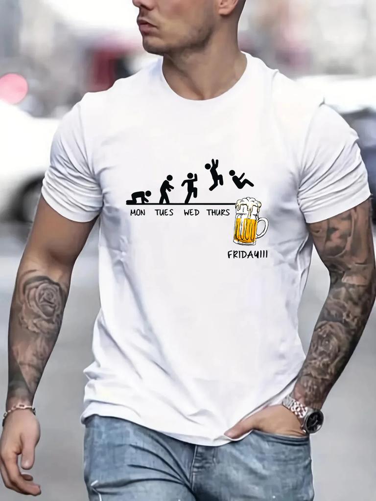 Summer Men's 100% Cotton Casual Size Jumping In Beer Print Round Neck Short Sleeved T-shirt Top