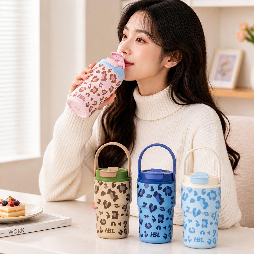 Dual Drinking Lid Insulated Water Bottle Leopard Print Portable Thermal Flask School Use