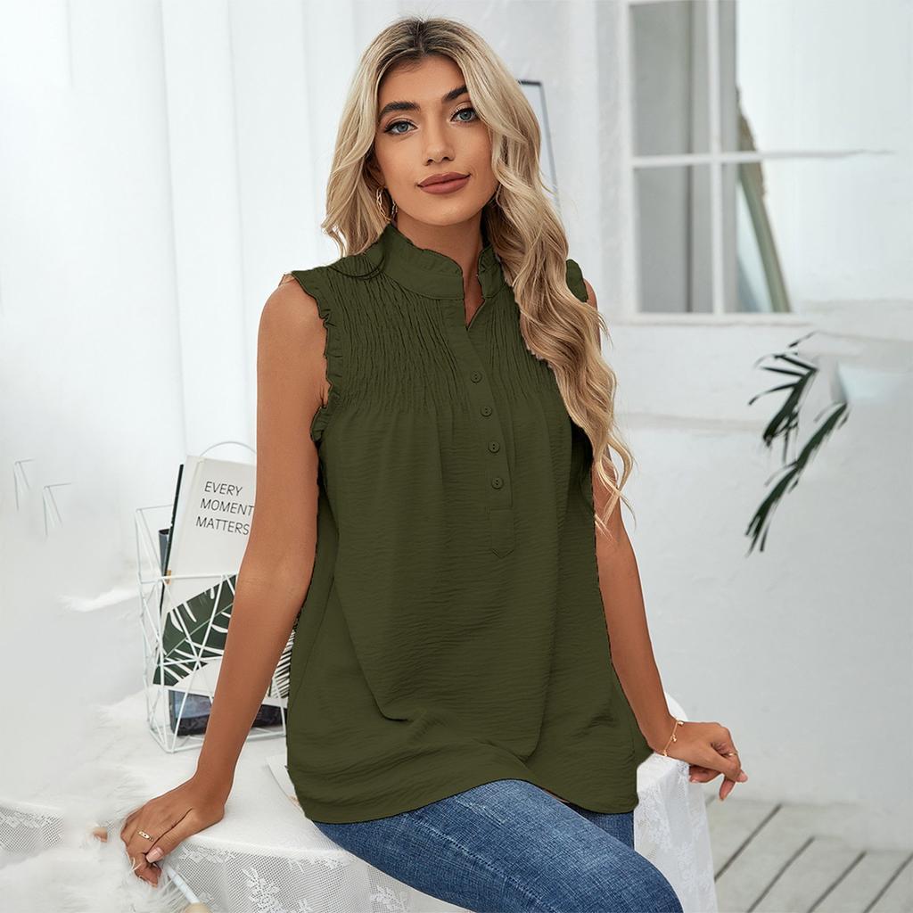 Women's Fashion Casual Printed Mock Neck Lace Panel Button Sleeveless Vest T-shirt Top Summer