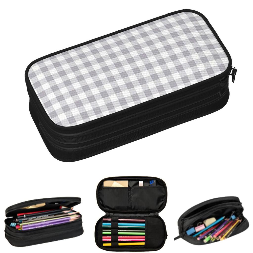 Gray And White Gingham Pencil Cases for Students School Pen Box Pencil Bag Large Storage Pencil Pouch