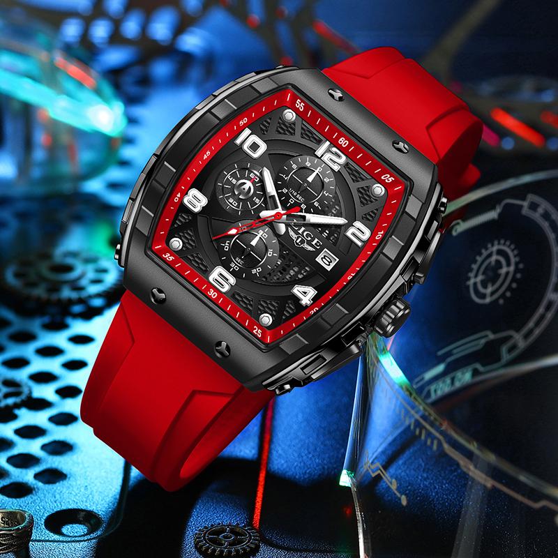 Fashion Red Silicone Watch Men Outdoor Sports Waterproof Men's Quartz Wristwatch Top Brand Luxury Square Quartz Chronograph