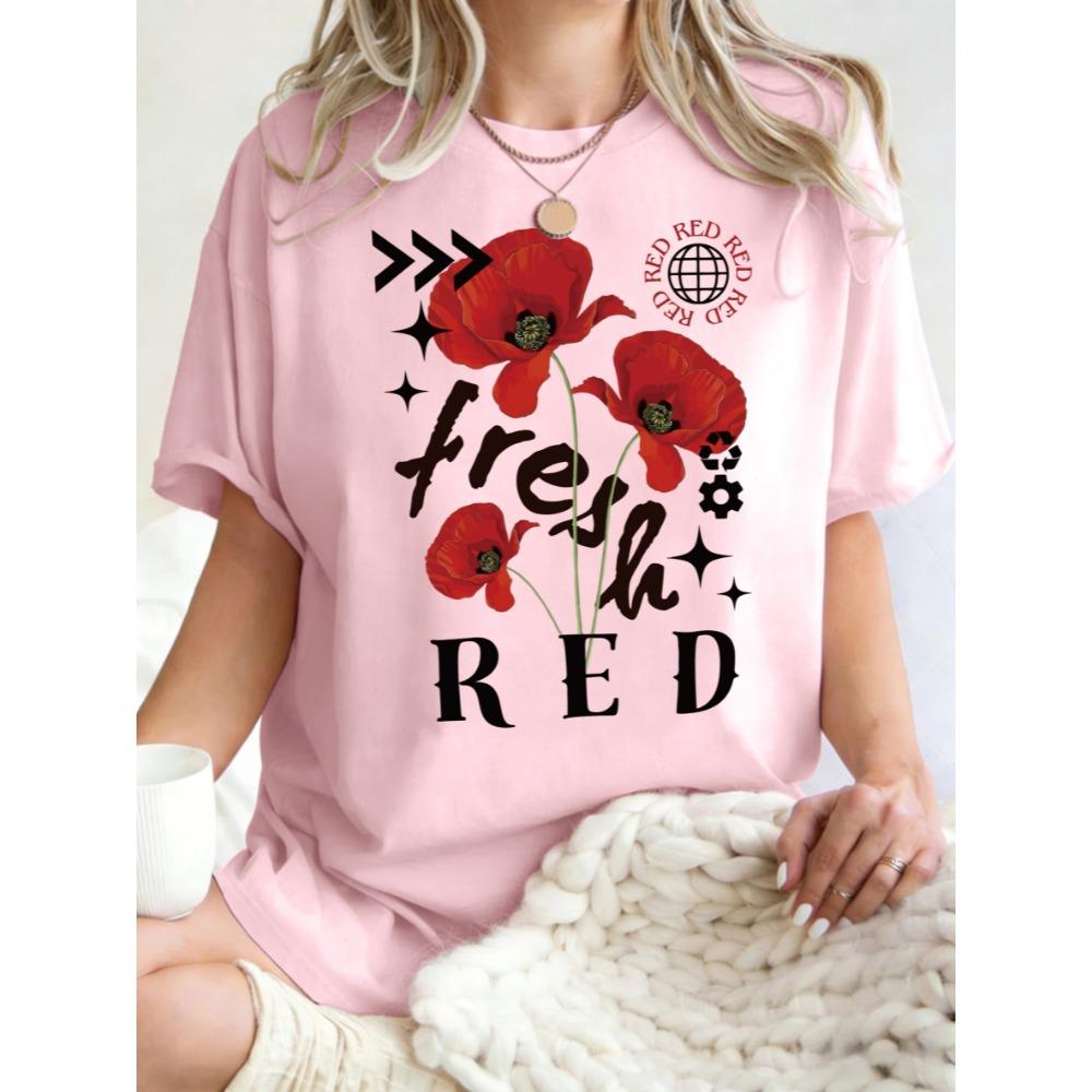 Fresh Beautiful Red Flower Pattern Womens T Shirts Cotton Casual T-Shirt Summer O-Neck Clothes Oversized Sportswear