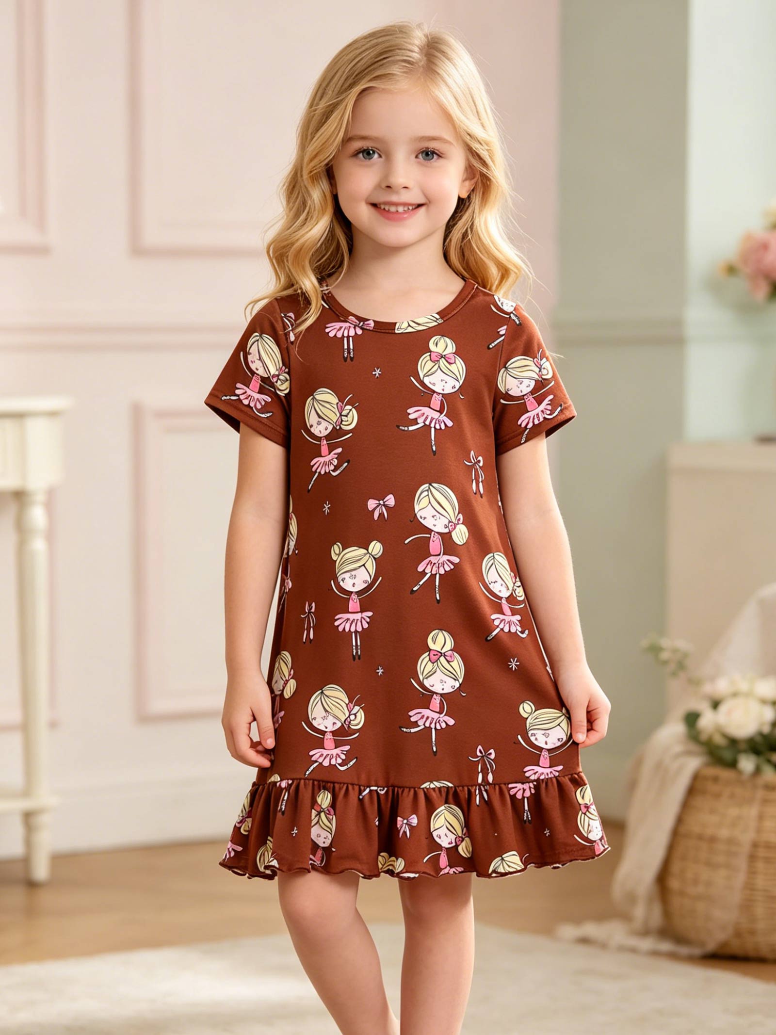Girls Everyday Dress Summer, Cartoon Print Casual Short Sleeve Toddler to Kids 2-8 Years Comfortable and Soft 2Y красный