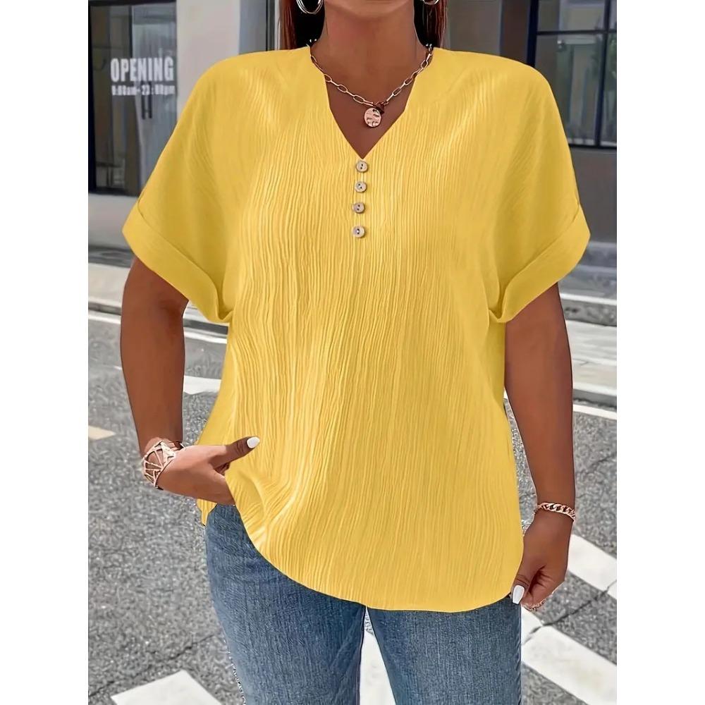 Elegant Casual T-Shirt - Women's Plus Size - Plus Size - New European and American - Spring/Summer Short Sleeve - Button Solid Color