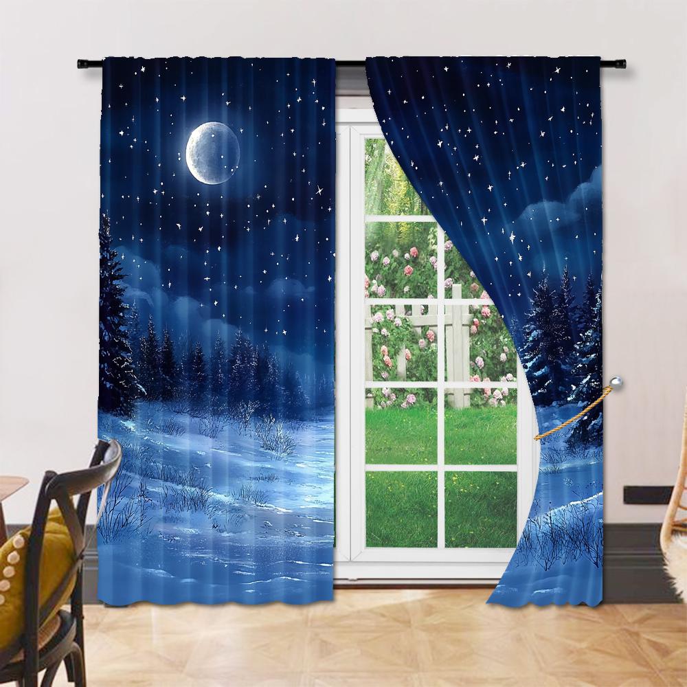 Set Of 2 Versatile Polyester Transparent Curtains Home Decoration Night Sky Snow Scene Use Bedrooms Living Rooms Curtain For Sitting Room Made