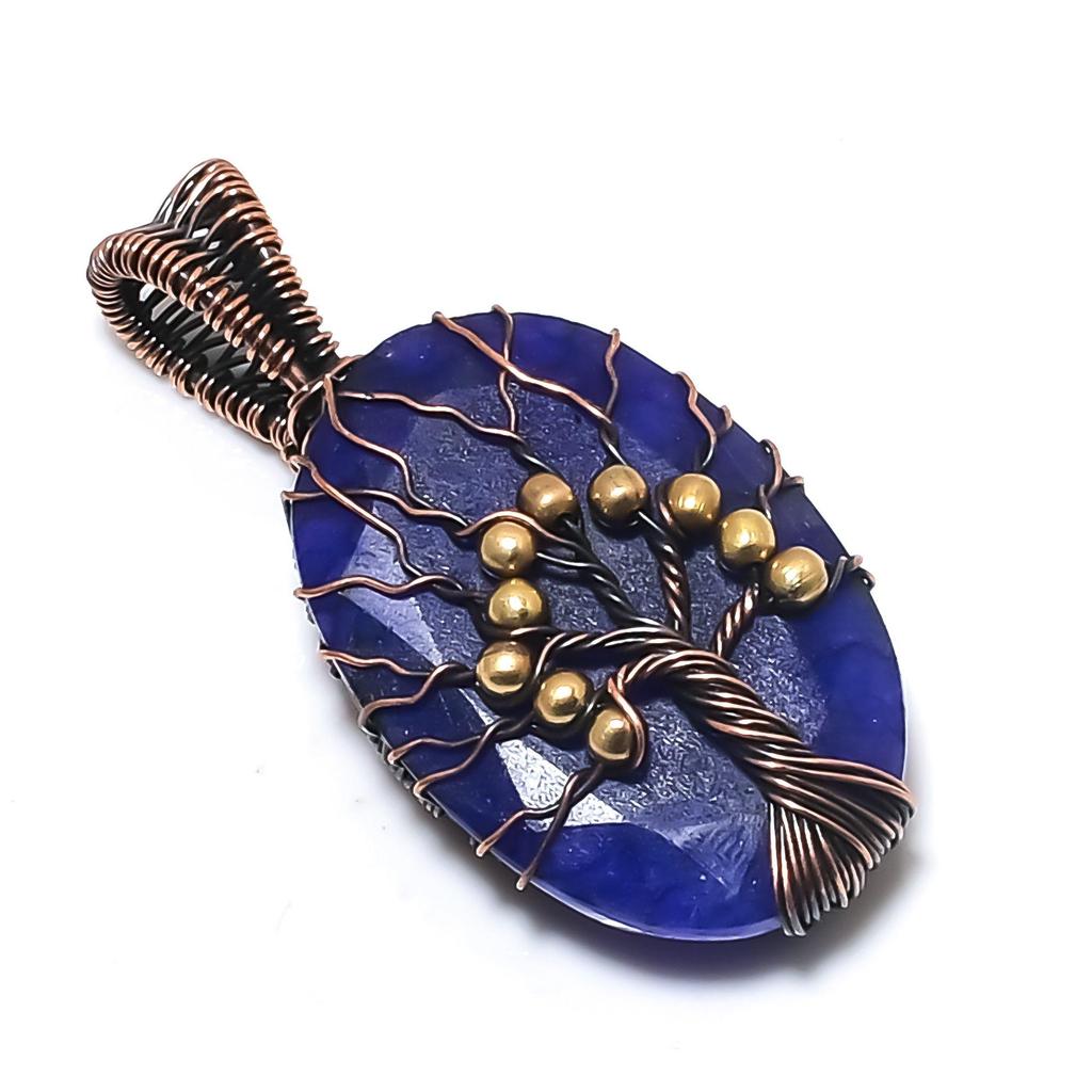 Tree Of Life Blue Sapphire Pendant, Handmade Gemstone Pendant, 999 Copper Wire Wrapped Pendant Antique Jewelry, For Engagement Gift