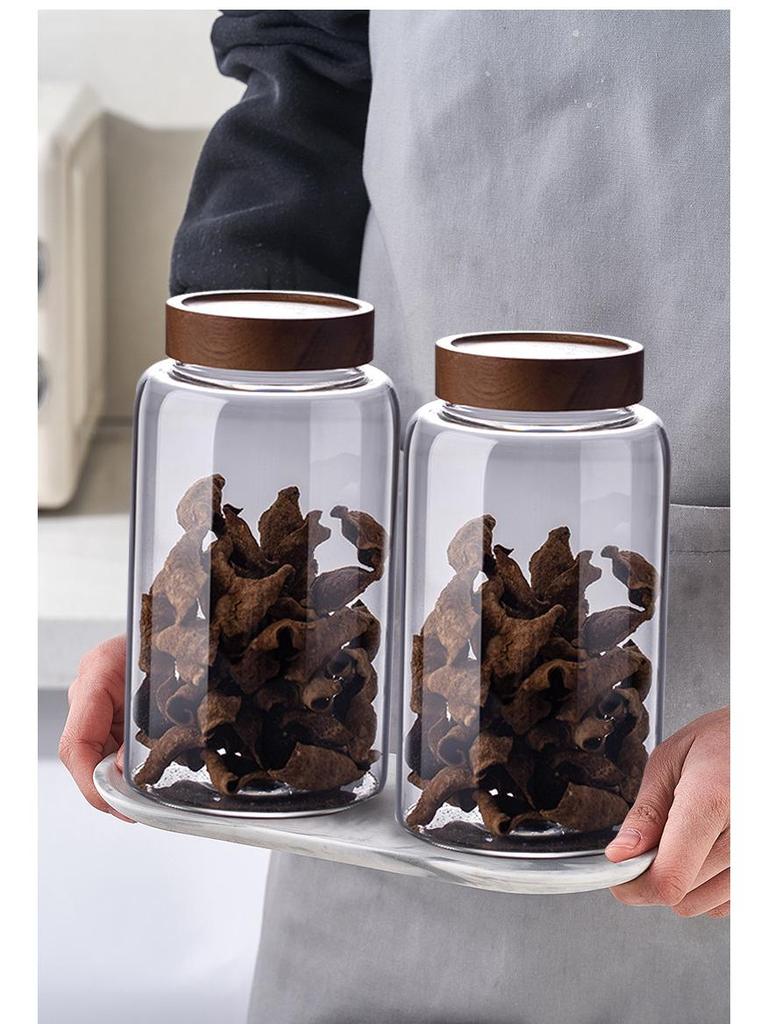 Large Glass Storage Jar with Acacia Wood Lid for Dried Tangerine Peel, Tea, Grains, and Pickling.