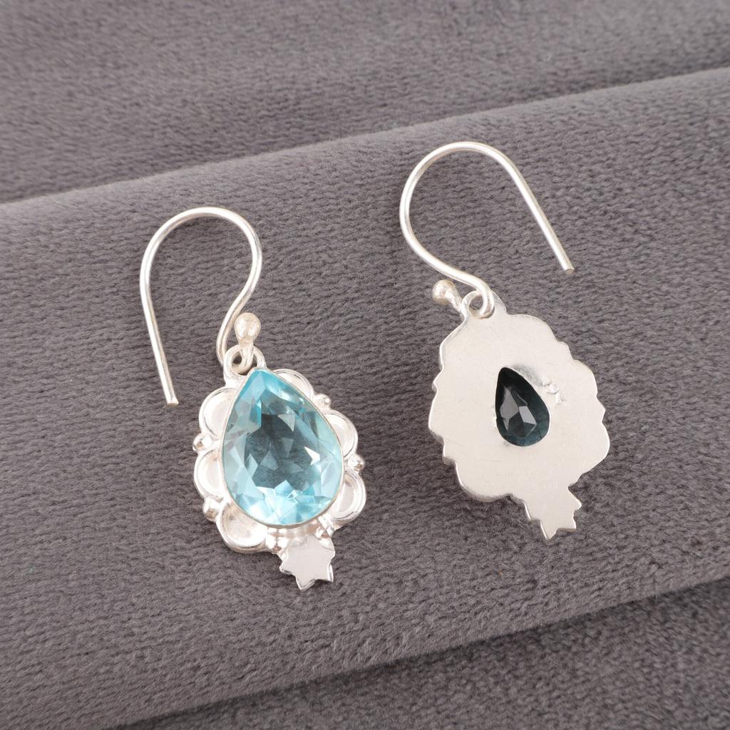 Sky Blue Topaz Gemstone 925 Sterling Silver Handcrafted Jewelry Hook Earrings EE-163-8