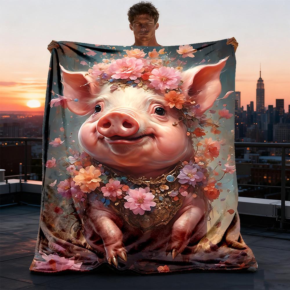 1pc Floral Pig Decorative Throw Blanket Polyester Fiber, Lightweight Flannel, Soft & Warm, All Season Use for Outdoor, Camping Digital Print
