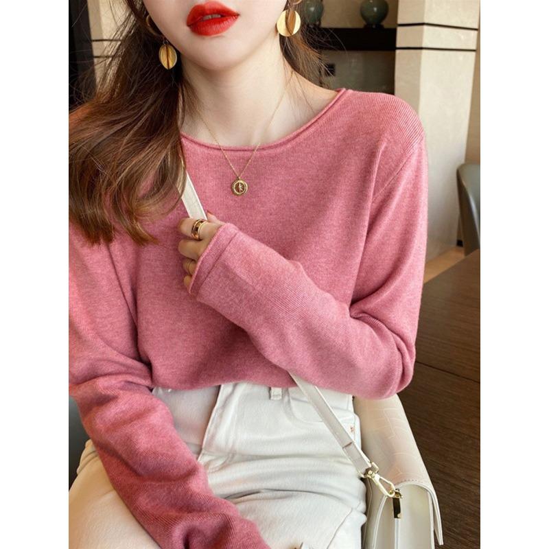 

Кремовый абрикосовый трикотажный топ с круглым вырезом и низом, женский осенний облегающий топ-свитер с длинным рукавом average size [recommended 80-60kg]