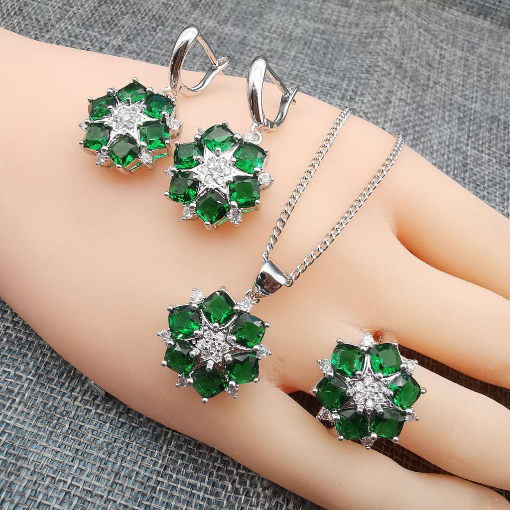 Explosions Fashion Jewelry Crystal Square Zircon Necklace Earrings Ring Set of Three