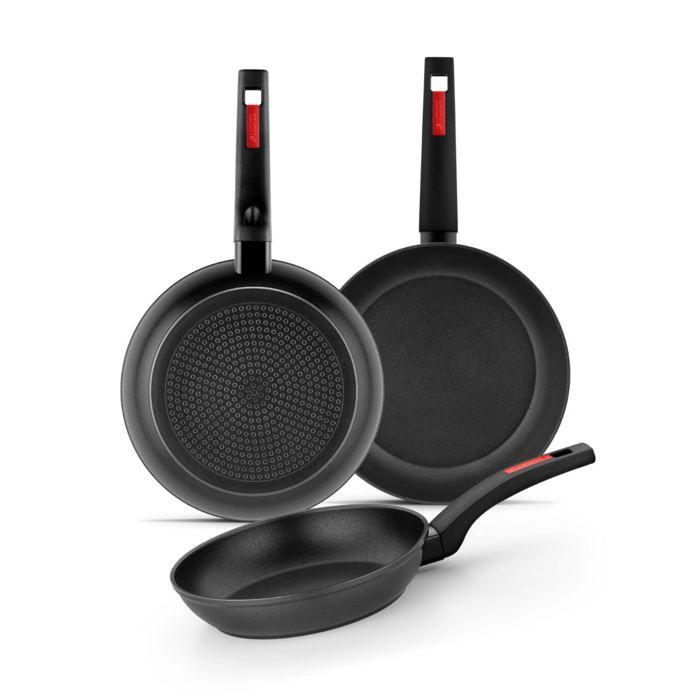 MONIX Sunset | Set aus 3 Pfannen 18-22-26 cm aus geschmiedetem Aluminium, antihaftbeschichtet, Bakelitgriff, für alle Herdarten einschließlich Induktion