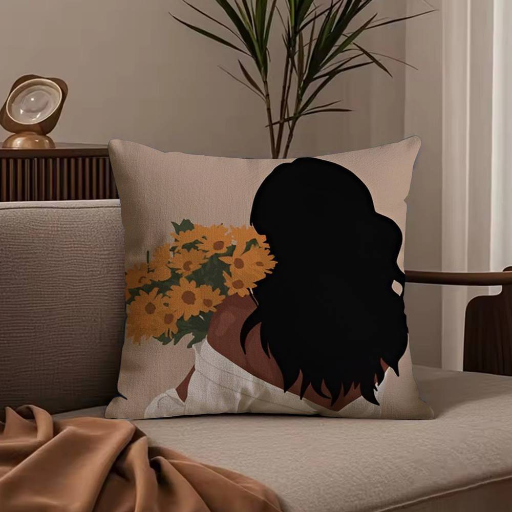 Black Woman Art Anime Pillow Case Anti-dustmite Pillowcase Invisible Zipper Silky Short Plush Sofa Cushion Cover