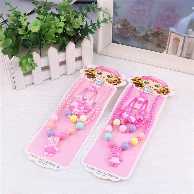 Set de joyería de dibujos animados para niñas - collar de princesa de perlas, anillo, pinza para el pelo y goma para el pelo, set de 5 piezas