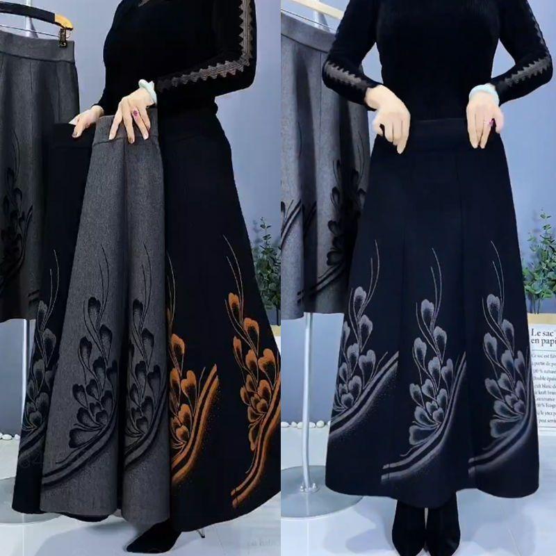 Ethnic Style Women's Knitted Skirt, Thick Printed Flared High-Waist Long Knitted A-Line Skirt