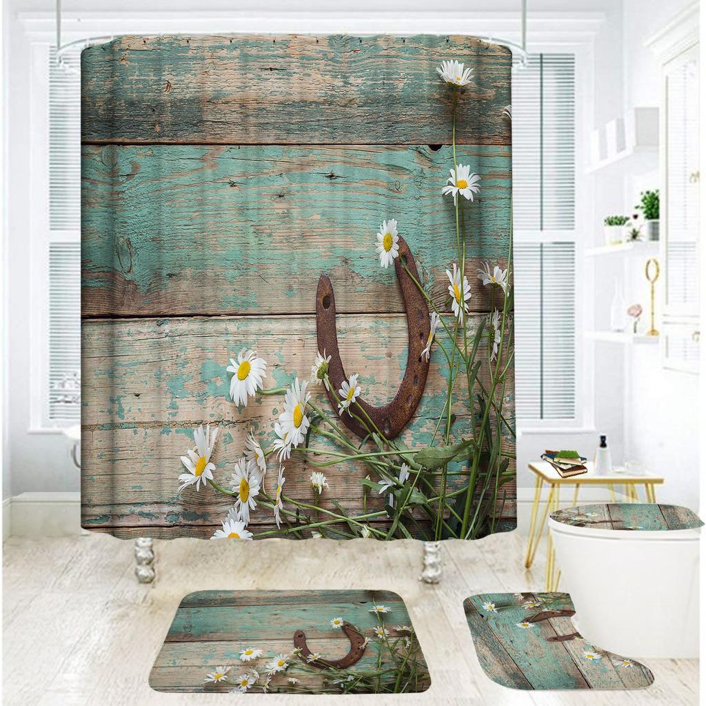 Badezimmer Duschvorhang Vierteilig Digitaldruck Holzmaserung Chrysanthemenpflanze Wasserdichter Duschvorhang Duschvorhang Trennvorhang