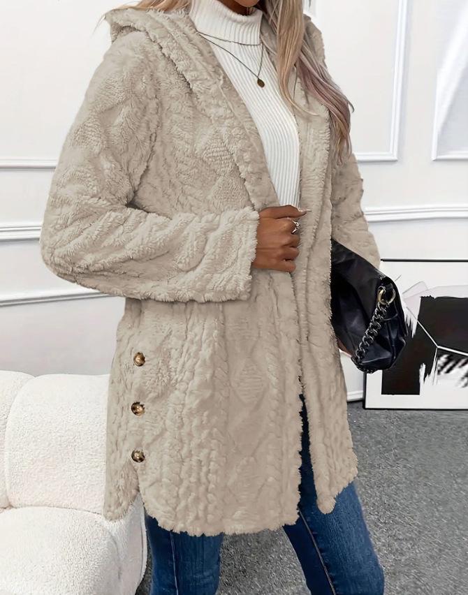 2025 Autumn/Winter Women's Warm Plush Hooded Cardigan - Button-Up Solid Color Coat