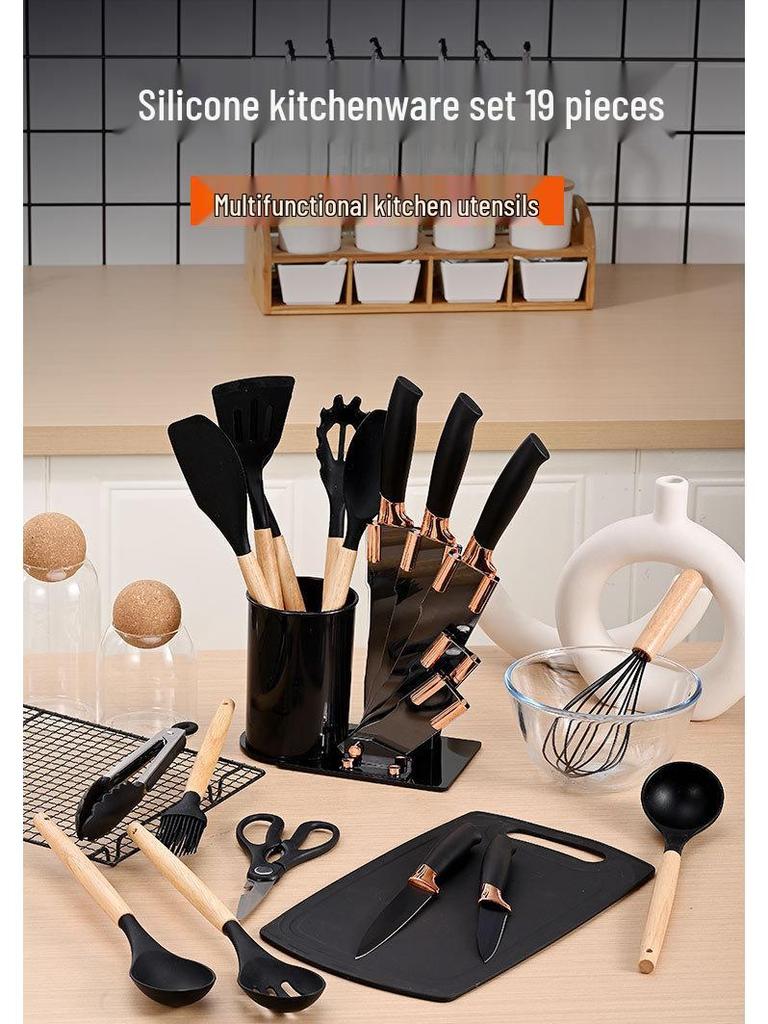 19-delars silikon köksredskapsset med skärbräda & förvaringshink