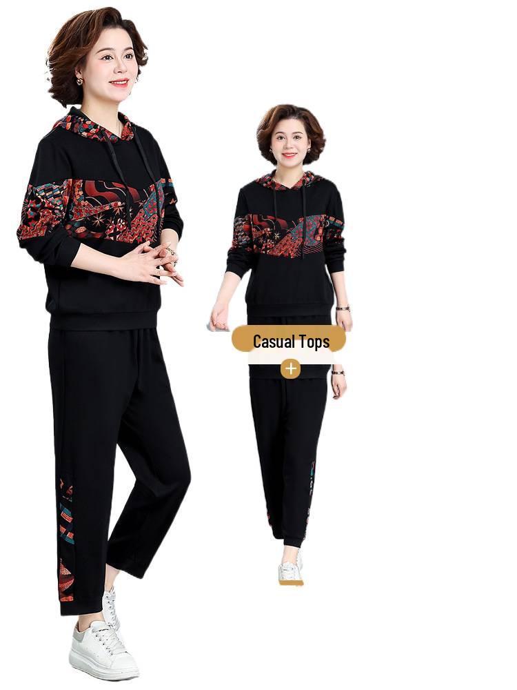 Woodpecker Autumn Sportswear Set for Middle-Aged Women – Fashionable Plus Size Two-Piece for Spring & Fall
