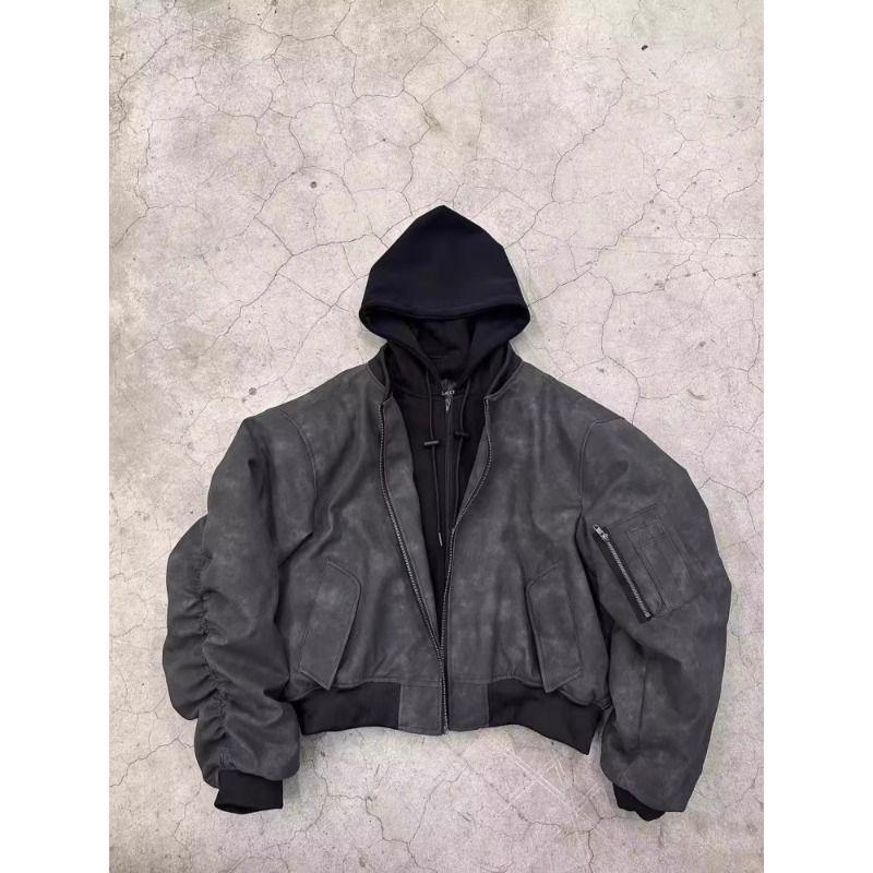 Y2k Oversized Vintage Μαύρο Δερμάτινο Σακάκι από Ψηλό Δέρμα Ανδρικό Φερμουάρ Ψεύτικο 2 Τεμαχίων Πολυτελή Ρούχα Σχεδιαστή Μπλούζα με Κουκούλα