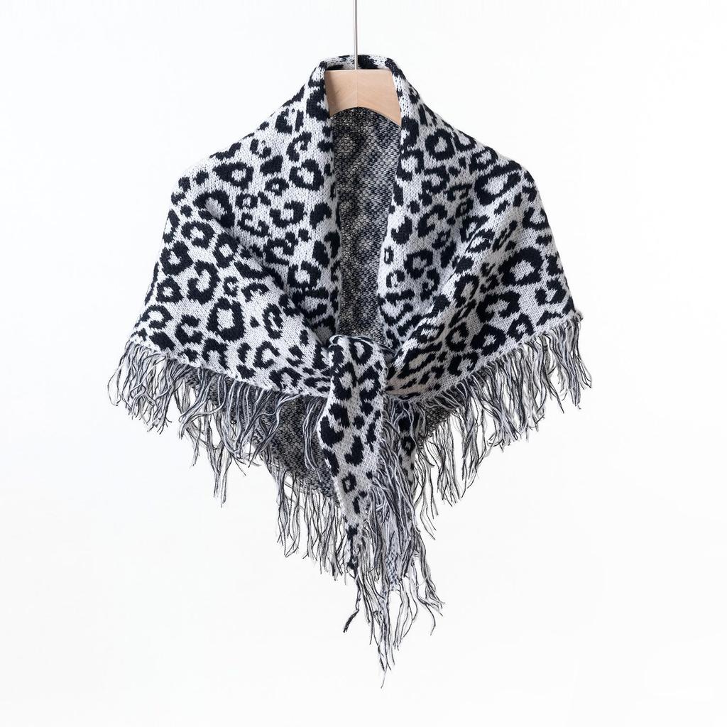2025 Fall/Winter Retro Leopard Print Tassel Cashmere-Feel Scarf & Triangle Shawl for Women