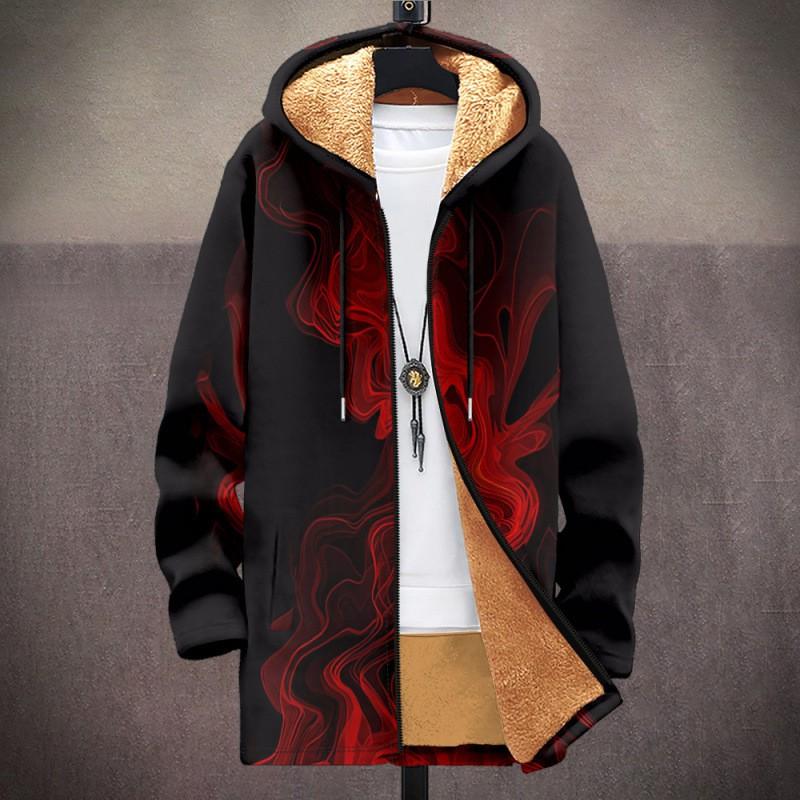 Winter Hooded Zip-up Cotton Jacket Teens British Style 3D Print Fleece Lined Loose Fit Outdoor Wear