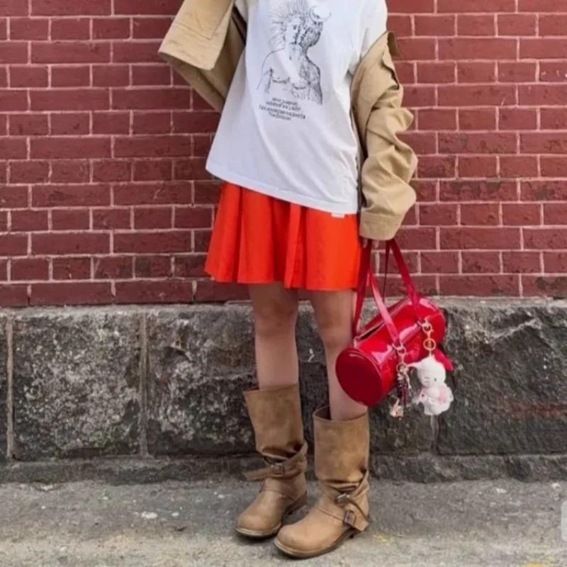 Vintage Platform Buckle Stylish Motorcycle Women Square Toe Chunky High Heel Mid-Calf Shoes Retro Biker Boots