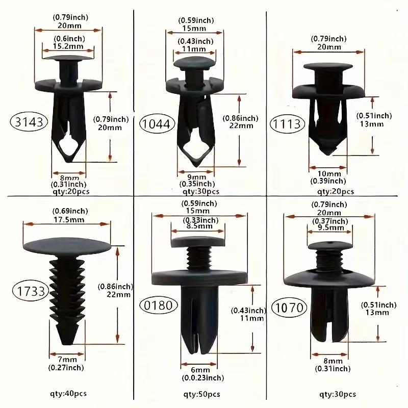 190pcs Auto Fastener Clips Mixed Car Clips 6 Size Retainer Rivet Door Panel Fender Liner Bumper Fender Trim Car Accessories