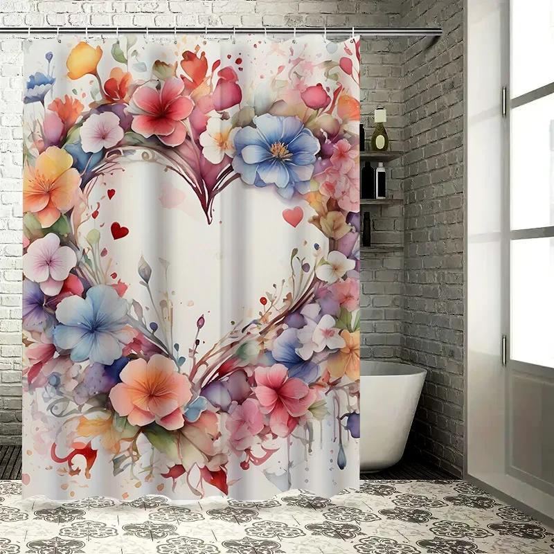 Romantic Floral Heart Shower Curtain - Vibrant Watercolor Flowers and Hearts for a Charming and Stylish Bathroom Décor