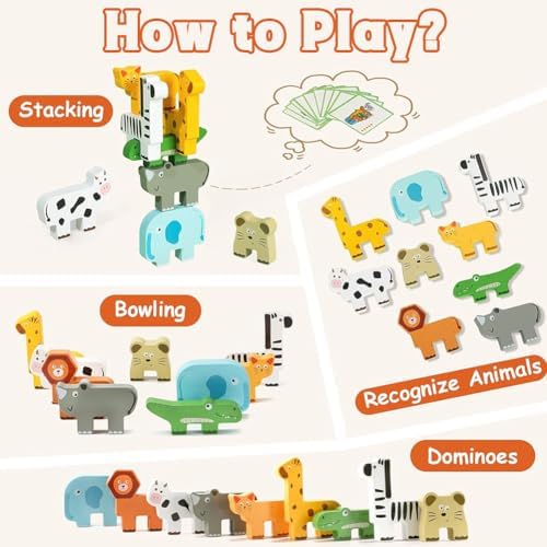 NTEVXZ 20 Pcs Wooden Animal Stacking Toys, Colorful Stacking Blocks, Educational Learning Toys with Storage Bag for Toddlers Kids