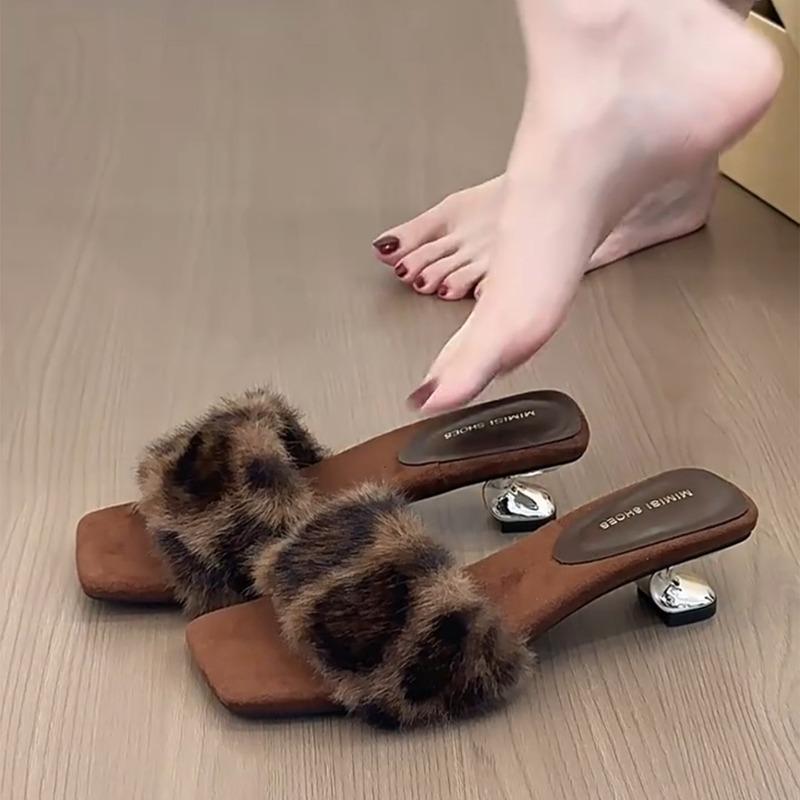 

Fashion 2025 French Fur One Strap Block Heel Half Slippers Women s Autumn New Sexy Style High Heel Outside Wear Slippers 42