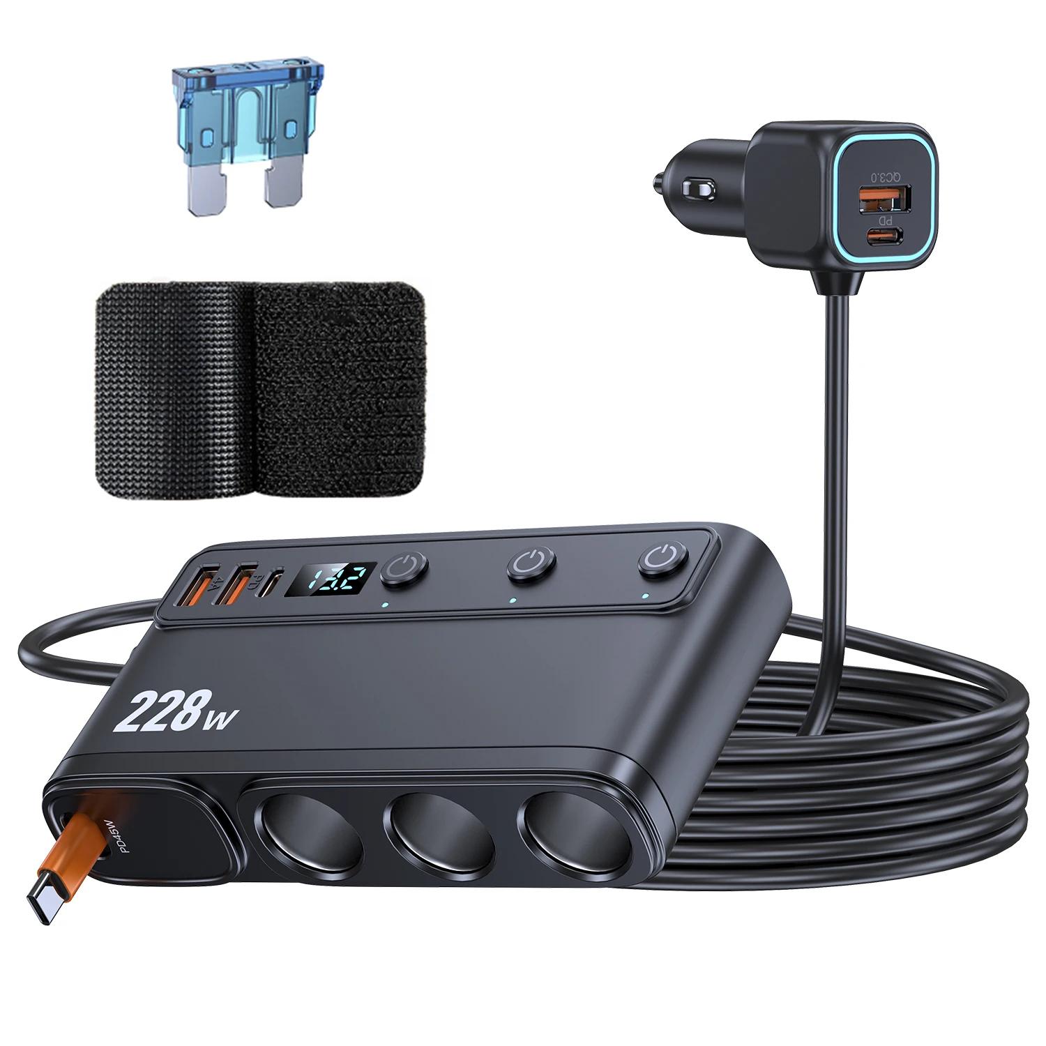 

228W Car Charger Adapter 3-Socket Cigarette Lighter 3-Ports QC3.0 USB Charger with 65cm Stretchable PD Type-c Fast Charging чёрный