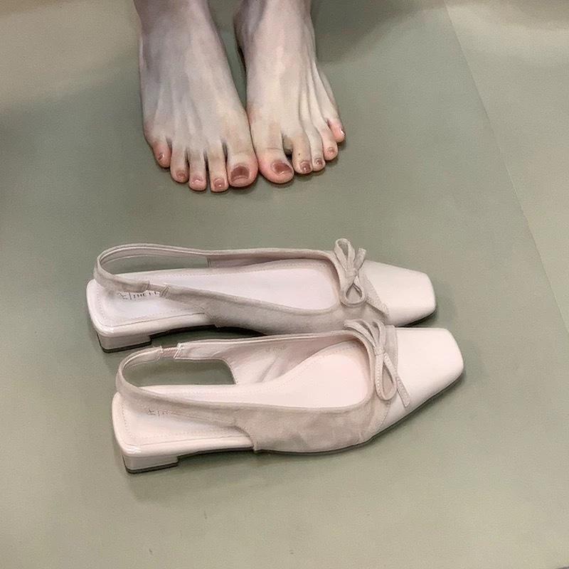Fairy Wind Gentle Niche Bow Splicing Women's Shoes Heel Sandals with Skirt Bag Head Thick Empty Square Head Single Shoes Women