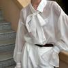 Women Shirt Lapel Bow Tie Collar Flared Long Sleeve Single Breasted Shirt Tops See-through Solid Color Loose Fit Female Casual Shirt