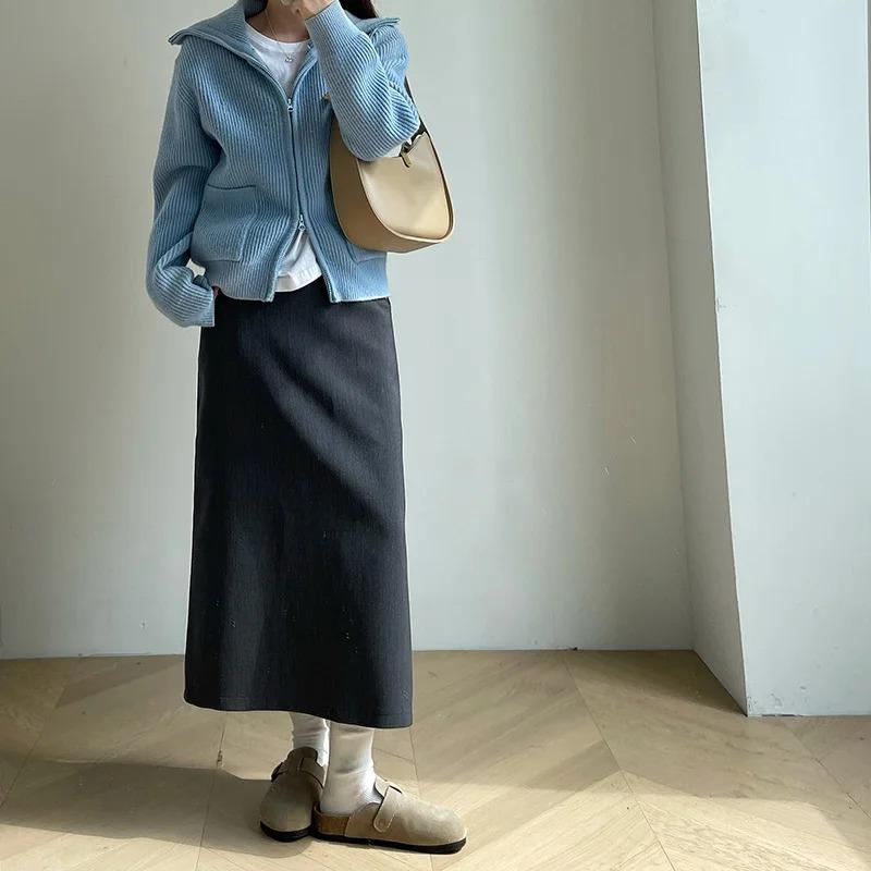 With Sweater Coat Skirts Autumn and Winter New Gray Back Slit Suit Skirt
