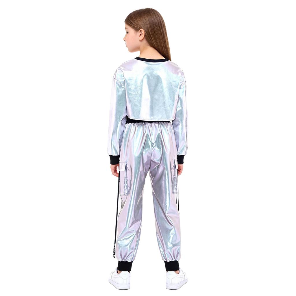 Girls Dance Clothing Set Glossy Metallic Workout Top and Pocket Pants Hip Hop Jazz Street Performance Outfit
