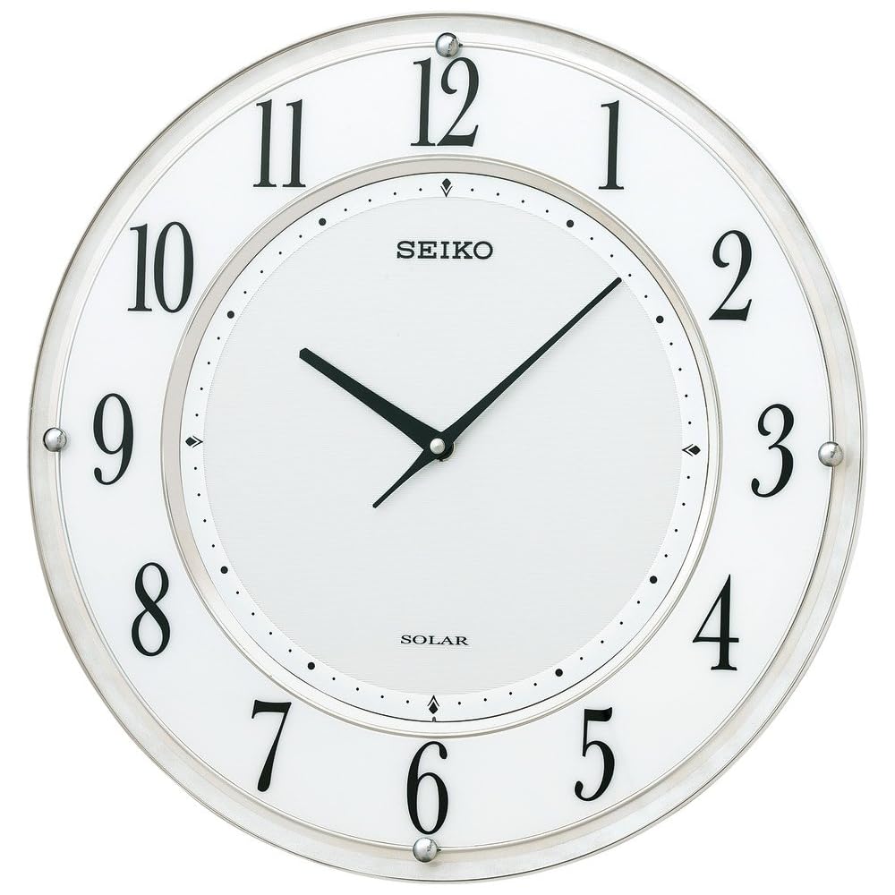 Seiko Clock SOLAR+ Solar-Powered Radio-Controlled Analog Wall Clock, Slim Design, White Marble Pattern, SF506W