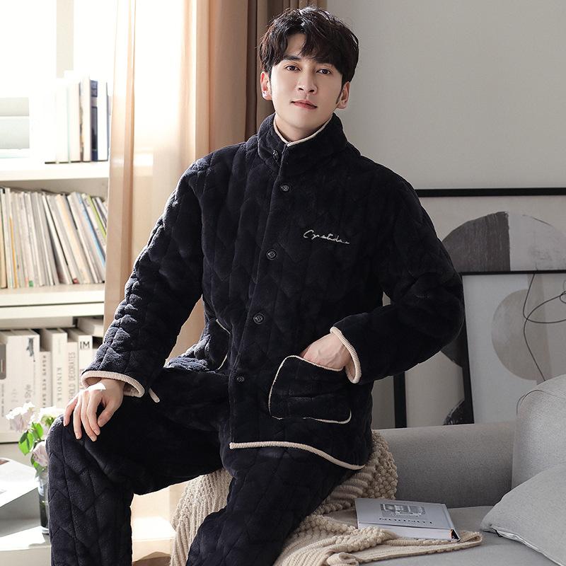 Pajamas Men'S Winter Three-Layer Thickened Fleece Thermal Jacket Autumn And Winter Coral Fleece Winter Loungewear Set