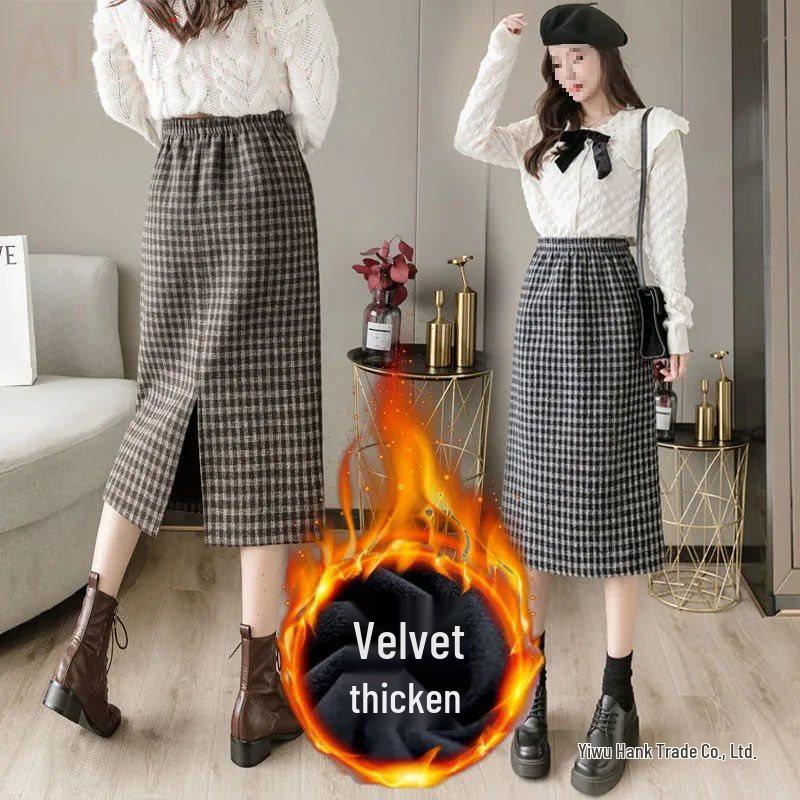 Fustă Midi pentru Femei din Lână cu Dungi Pied-de-Poule Căptușită cu Fleece - Toamnă/Iarnă 2025 Talie Înaltă Cu Șliț Bodycon