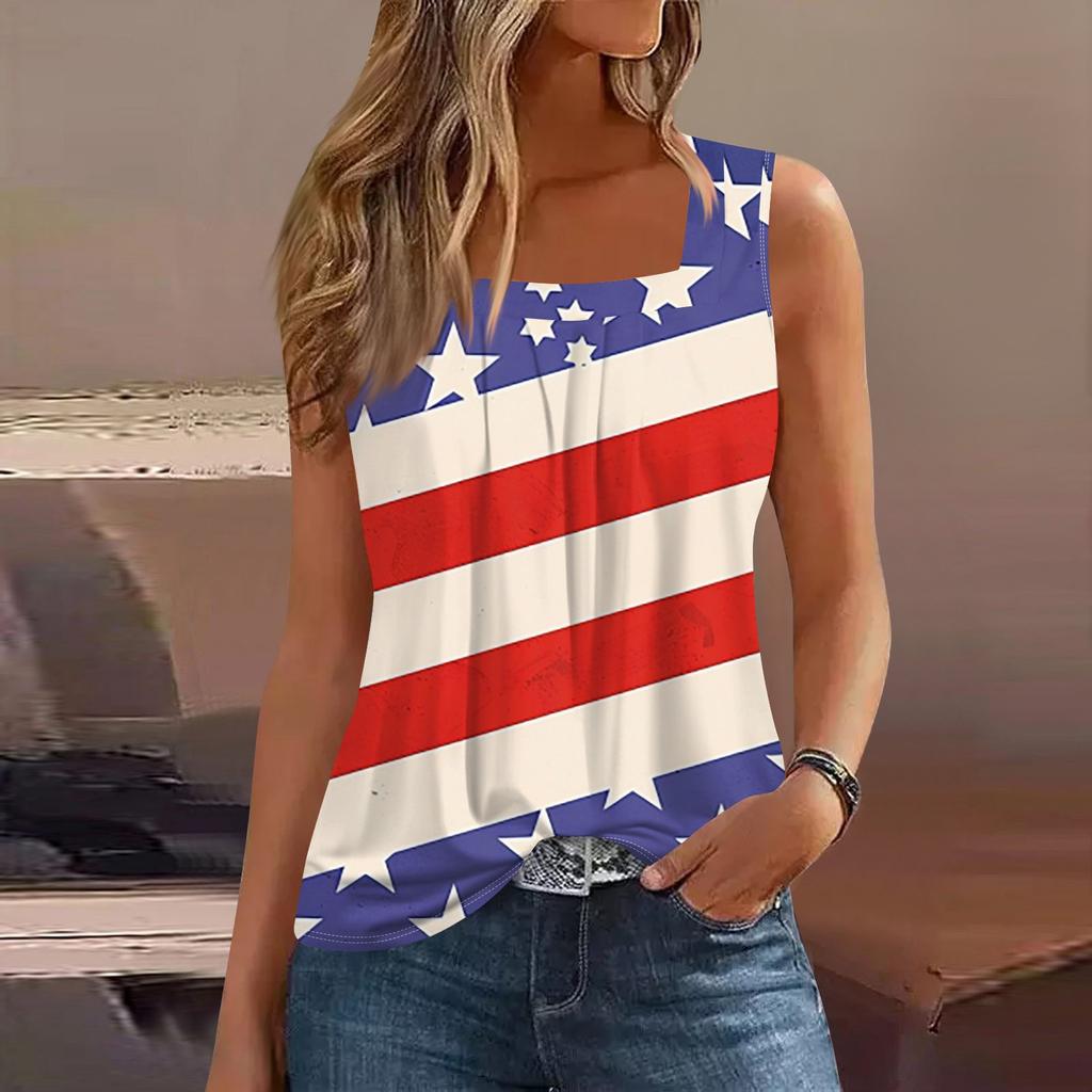 Damen Sommer Casual Plissee Quadratischer Ausschnitt Ärmelloses Tank Top Bedrucktes T-Shirt